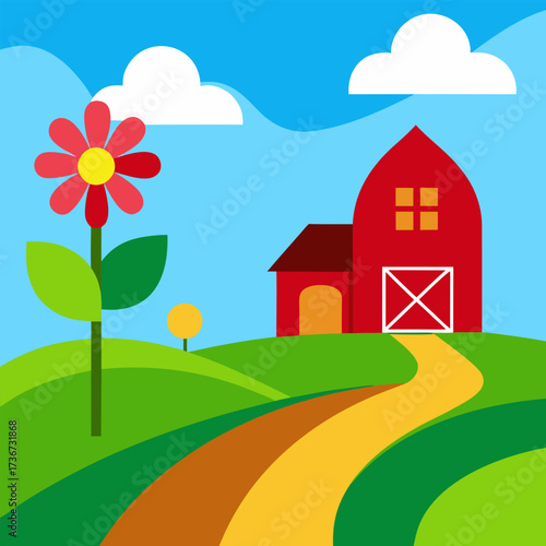 rural landscape with house and flower