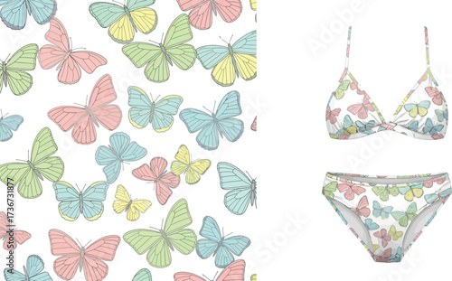 Butterfly pattern and bikini set featuring pastel shades of pink yellow green and blue on white background