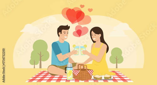 Lovely couple enjoying a picnic with drinks, food, and heart-shaped symbols of love
