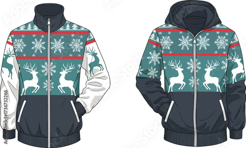 Two jackets with christmas themed patterns featuring reindeer snowflakes and trees on a white background