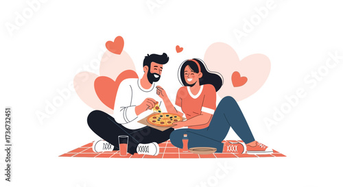 Loving Couple Enjoys Fresh Pizza During a Casual Picnic, Celebrating Shared Moments
