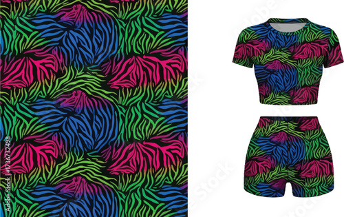 Colorful zebra stripe pattern with matching crop top and shorts on a white background