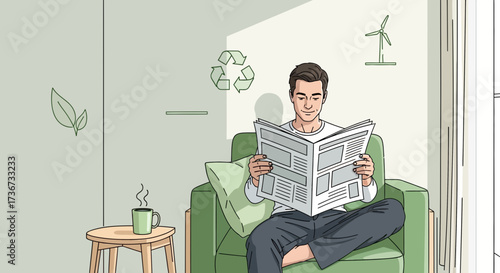 Man reading newspaper relaxed at home with eco and sustainability concepts