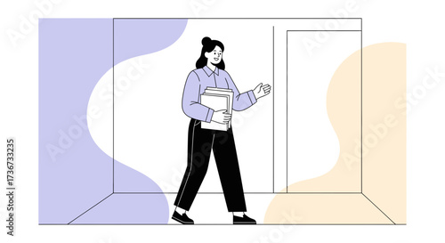 Professional woman in business attire gesturing and holding files in a modern office setting