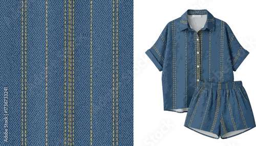 Close up of blue denim fabric with vertical yellow stripes and a matching shirt and shorts set