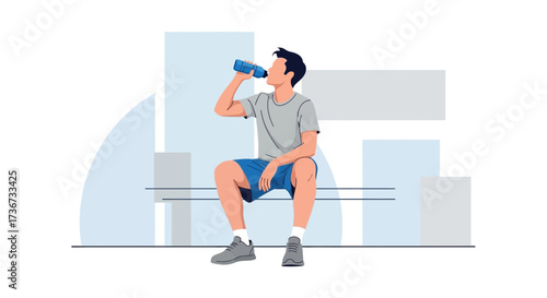 Person Drinking Water After Exercise: Isolated on White And Blue Background