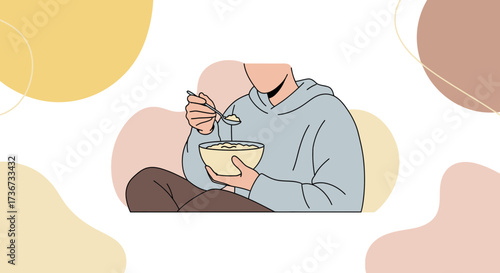 Person Eating Breakfast From Bowl With Spoon, Minimalist Illustration With Abstract Shapes