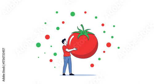 Person Embraces Oversized Produce, Illustration of A Giant Tomato with Colorful Orbs