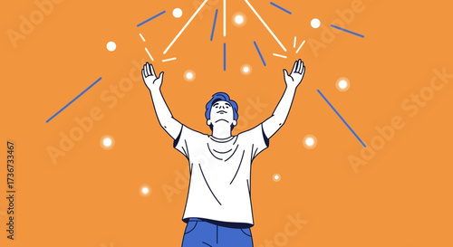 Person Embracing Radiance And Light Beams Reaching Towards The Sky In Orange Scene