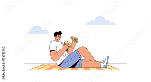 Person Enjoying a Delicious Sandwich During a Relaxed Moment Outdoors with Clouds
