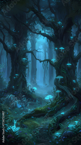 A magical forest pathway surrounded by ancient trees and glowing blue elements, leading into a mysterious fantasy world