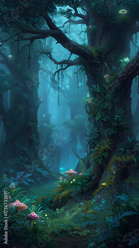 A mystical fantasy forest with blue tones, ancient trees, and glowing light creating an enchanted and dreamlike atmosphere