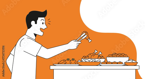 Person Holding Food In Tongs, Preparing To Eat, A Plate With Many Delicacies
