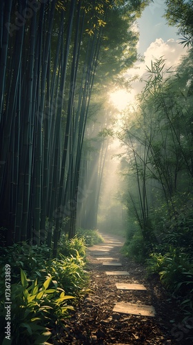 Morning Light in Bamboo Forest Path