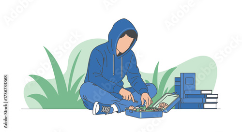 Person In Blue Hoody Prepares Food Outdoors With Books, Lunchbox,And Nature Vibe