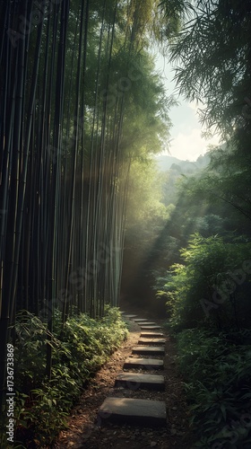 Sunlight Rays Through Dense Bamboo Forest