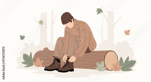Person in autumn clothes sitting on a log tying boots illustration
