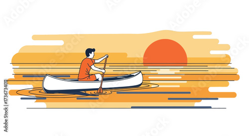 Person paddling a canoe on the water at sunset simple cartoon illustration