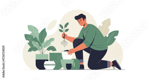 Person planting a plant in a pot, gardening and taking care of plants illustration