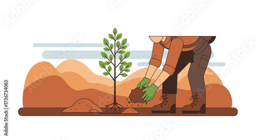 Person Planting a Tree in a Colorful Flat Illustration Style for Environmental Themes