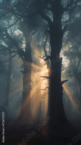 Soft sunlight filtering through dense trees in a dark misty forest, producing a calm, mysterious, and cinematic woodland scene