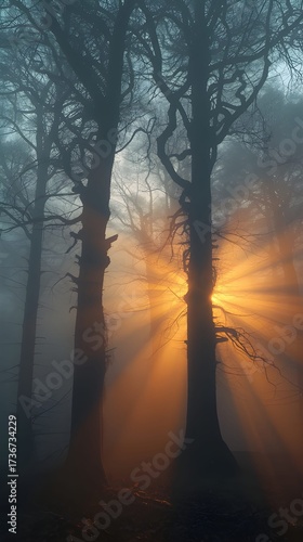 Golden sun rays breaking through tall tree trunks in a misty forest during early morning, creating a dramatic and mystical natural atmosphere