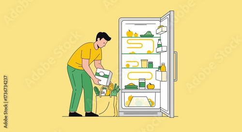 Person Putting Groceries Away In Refrigerator After Shopping With Fresh Food And Produce