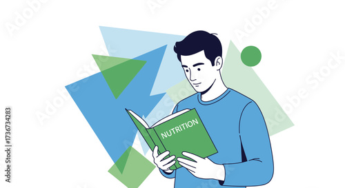 Person Reading Nutrition Book With Blue And Green Geometric Shapes Around