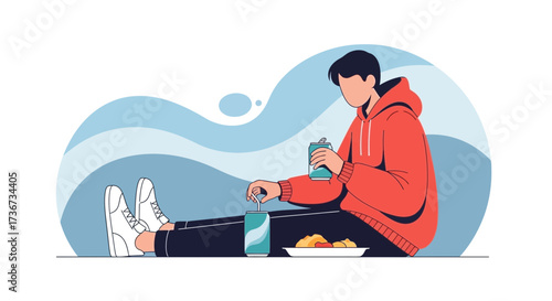 Person Relaxing with Beverages and Snacks, Resting on a Surface in Minimalist Style