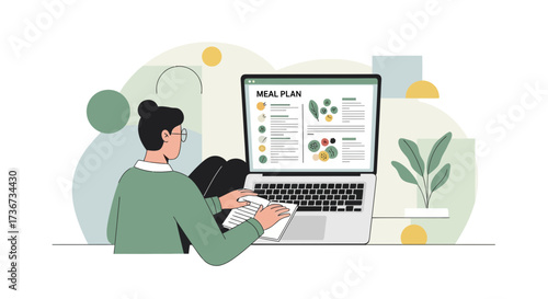 Person Reviewing Meal Plan On A Laptop, Lifestyle Concept, Healthy Food Choices, Digital Planning