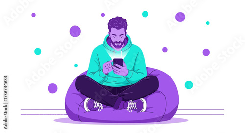 Man Relaxing at Home on a Beanbag and Using His Smartphone, Connected