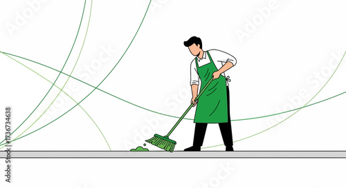 Person Sweeping Dust With Broom In Animated Style Over White Background