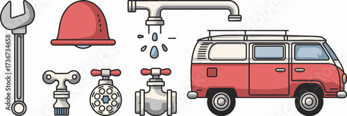 Vector icon sheet with modern plumbing tools and repair van – Ideal for plumbing businesses, repair branding, or utility service promotions