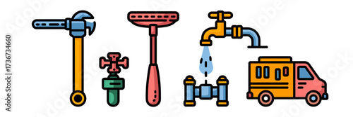 Vector icon sheet with flat design plumbing service tools – Suitable for plumbing businesses, tool branding, or home repair content