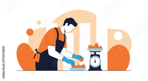 Person Weighing Fruit, Illustration of a Market Vendor Preparing Produce for Sale