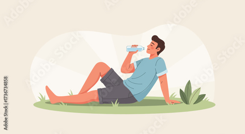 Man Relaxing In The Sunshine While Drinking Water For Refreshment And Hydration
