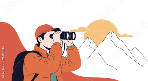 Person with binoculars looking at mountains during sunset vector illustration