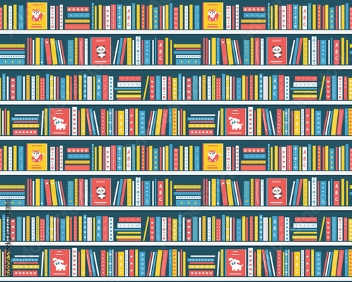 BookShelves with Books. Seamless Pattern. Shelves with Kids Books. Picture Books. Library Interior. Bookstore Interior. Children's books on the White Shelves. Vector in Blue, Yellow, Red, White.