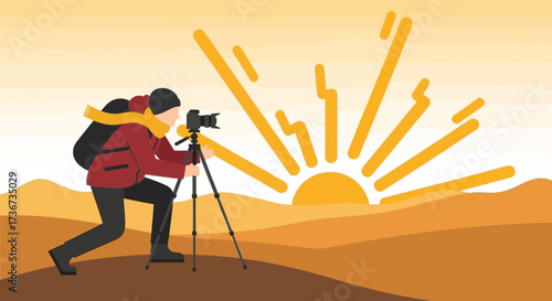 Photographer Capturing Sunrise Landscape Using a Tripod Depicting a Nature Scene