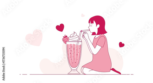Pink-Hued Illustration Of a Girl Sipping Strawberry Milkshake With Floating Hearts