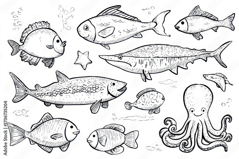 Obraz premium Adorable Ocean Creatures Coloring Page. Cute Cartoon Fish, Octopus, and More in Shades of Blue for Kids