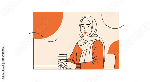 Portrait Of A Muslim Woman Wearing A Hijab Holding A Coffee Cup In Illustration