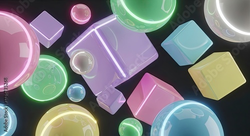 Dynamic abstract neon glowing spheres and cubes create a futuristic digital background