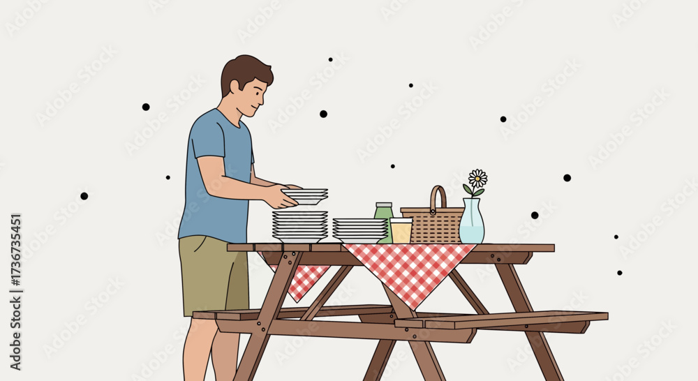 Fototapeta premium Preparing Picnic, Man Arranging Dishes on Table, Ready For Meal Outdoor, Leisure Time