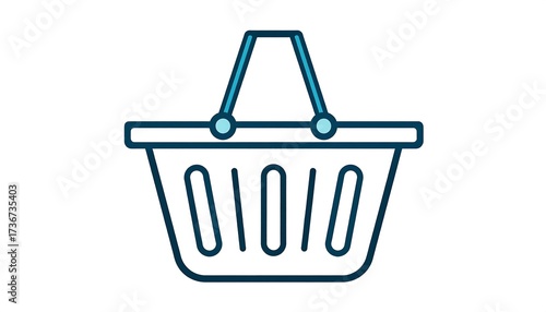 A simple, outlined shopping basket graphic with light blue handles is presented against a white background.