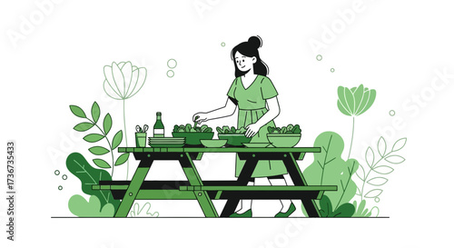 Preparing Fresh and Delicious Salads for a Friendly Picnic Under the Open Sky Scene