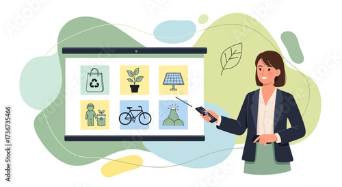Presentation about an ecological topic with a woman holding a remote control