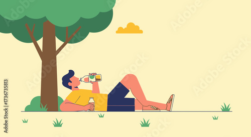 Man Relaxing Under Tree Drinking Beverage During Sunny Day in Minimalist Illustration