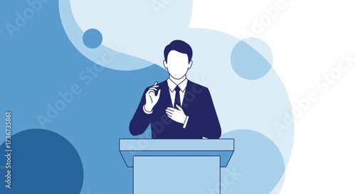Presentation Scene: Businessman Speaking Behind The Podium During A Press Conference