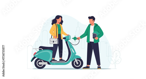 Man and woman with scooter, helmet illustration, modern city transportation vector
